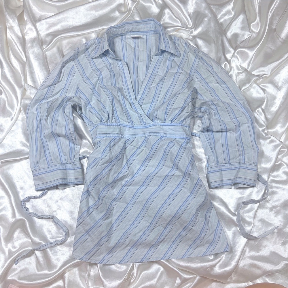 Vintage Motherhood Maternity Blouse Blue Excellent Striped Wrap Empire Waist M